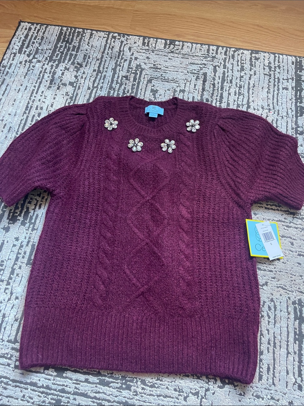 CeCe Plum Short-Sleeve Cable Knit Sweater with Rhinestone Flower Accents
